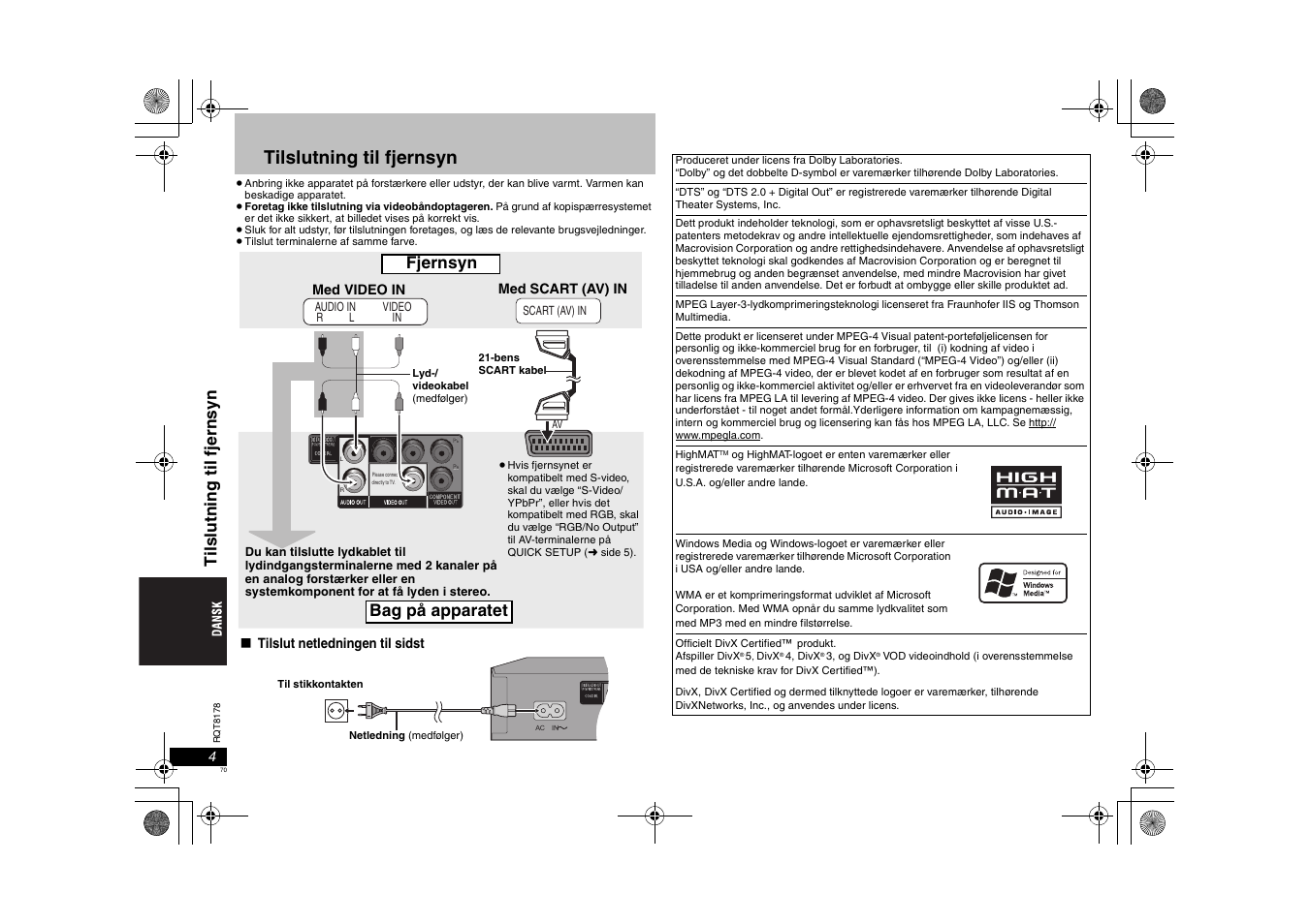Tilslutning til fjernsyn, Fjernsyn bag på apparatet, Ti ls lut n ing ti l fj er nsyn | Panasonic DVDS295EG User Manual | Page 70 / 72