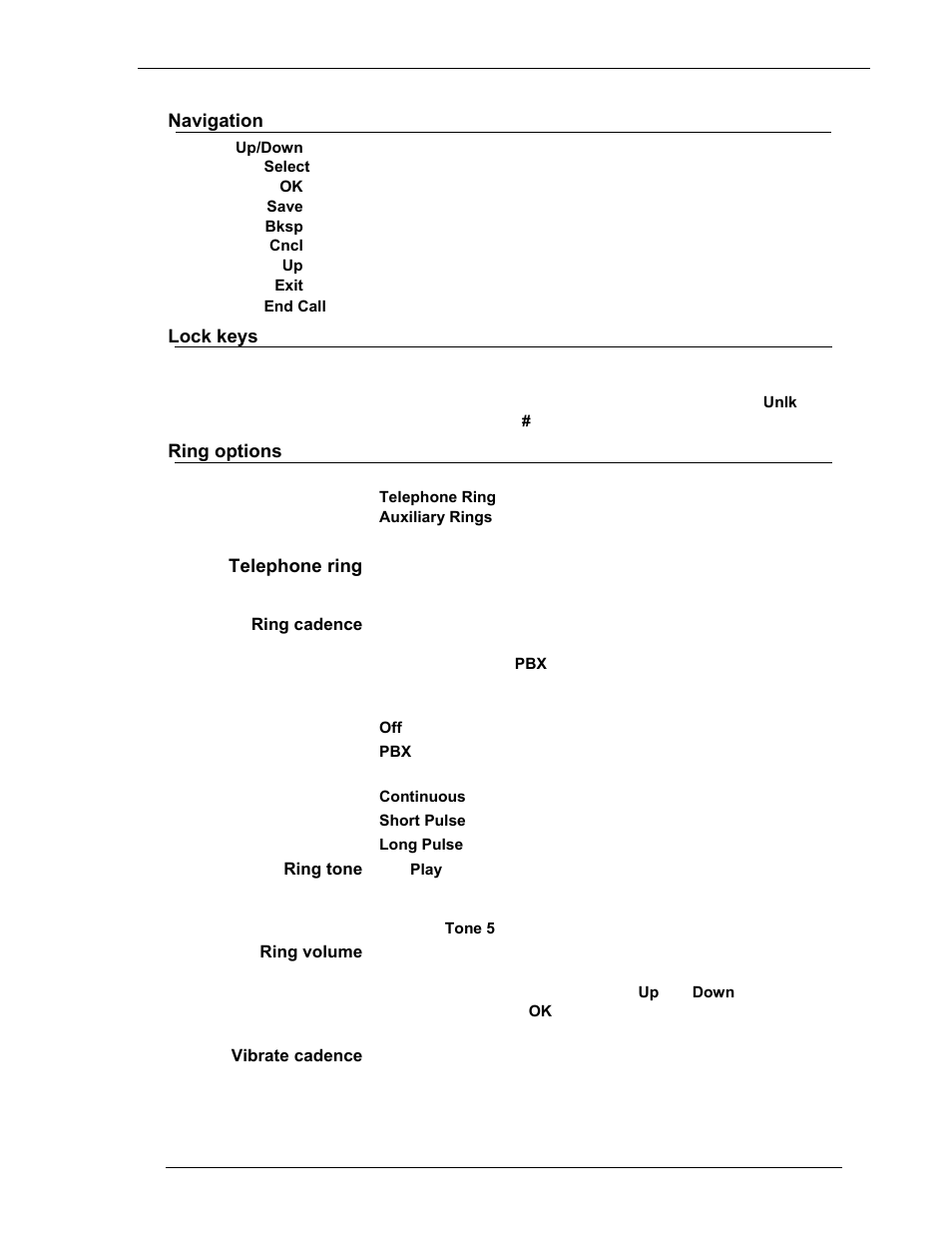 Navigation, Lock keys, Ring options | Telephone ring, Ring cadence, Ring tone, Ring volume, Vibrate cadence | Avaya 3600 Series User Manual | Page 15 / 36