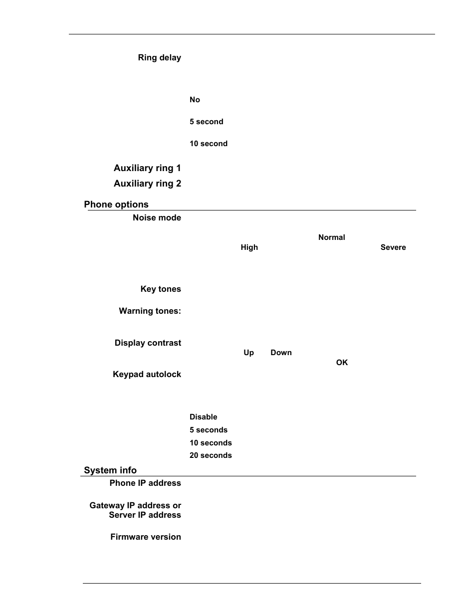 Ring delay, Auxiliary ring 1, Auxiliary ring 2 | Phone options, Noise mode, Key tones, Warning tones, Display contrast, Keypad autolock, System info | Avaya 3600 Series User Manual | Page 16 / 36