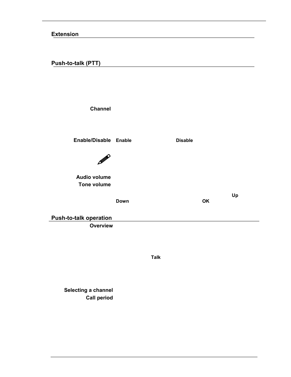 Extension, Push-to-talk (ptt), Channel | Enable/disable, Audio volume, Tone volume, Push-to-talk operation, Overview, Selecting a channel, Call period | Avaya 3600 Series User Manual | Page 17 / 36