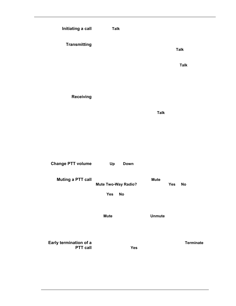 Initiating a call, Transmitting, Receiving | Change ptt volume, Muting a ptt call, Early termination of a ptt call | Avaya 3600 Series User Manual | Page 18 / 36