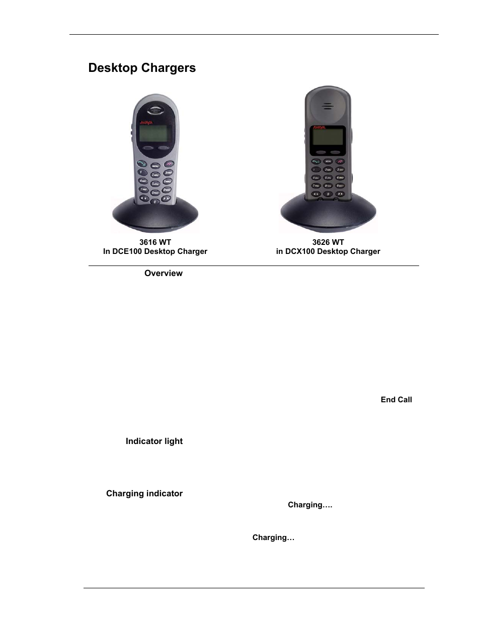 Desktop chargers, Overview, Indicator light | Charging indicator | Avaya 3600 Series User Manual | Page 23 / 36