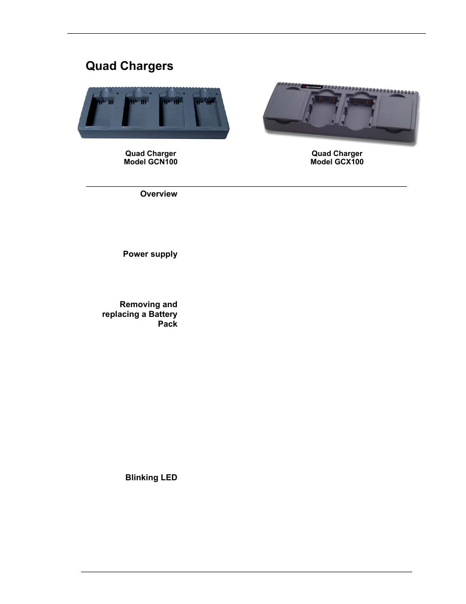 Quad chargers, Overview, Power supply | Removing and replacing a battery pack, Blinking led | Avaya 3600 Series User Manual | Page 27 / 36