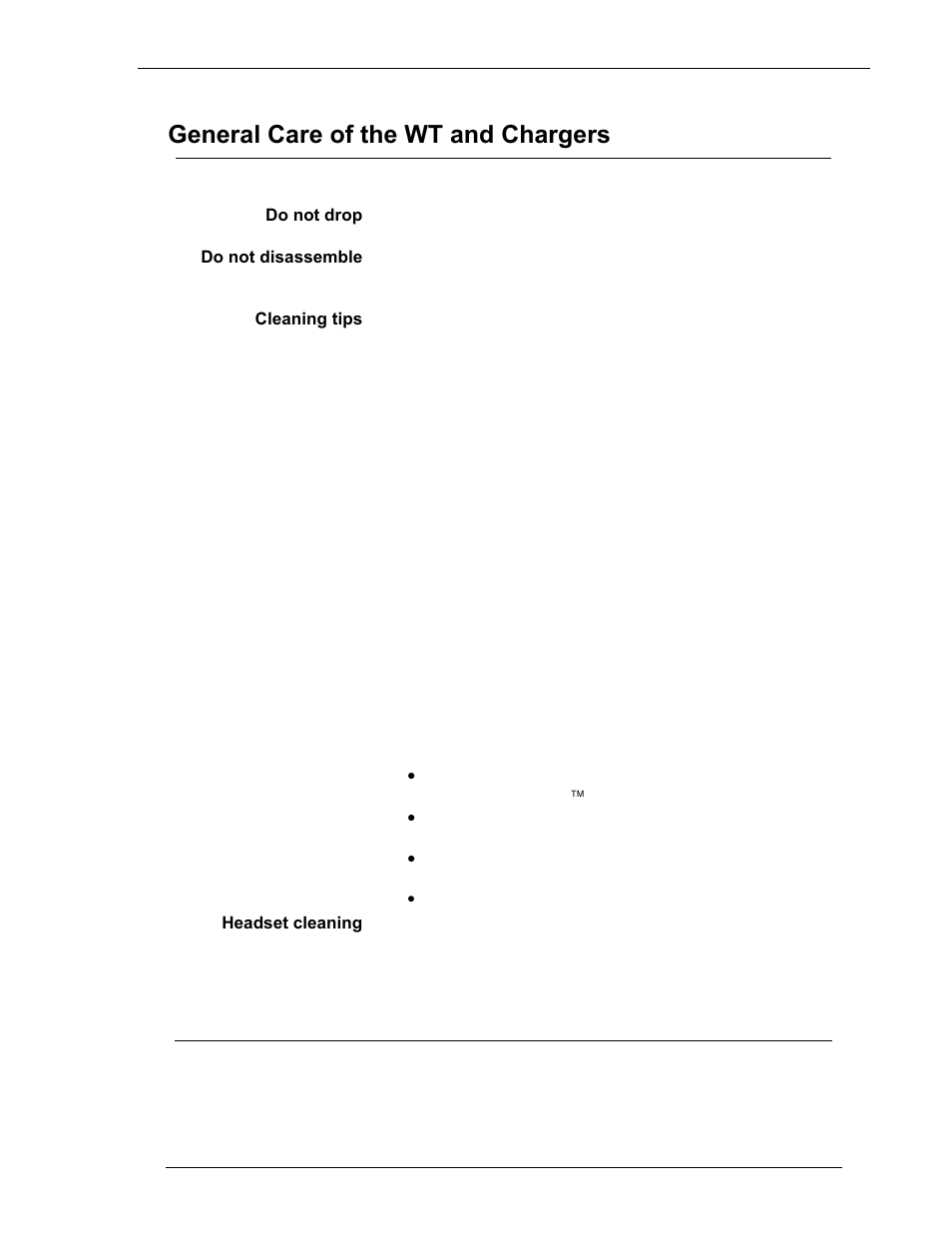 General care of the wt and chargers, Do not drop, Do not disassemble | Cleaning tips, Headset cleaning | Avaya 3600 Series User Manual | Page 30 / 36