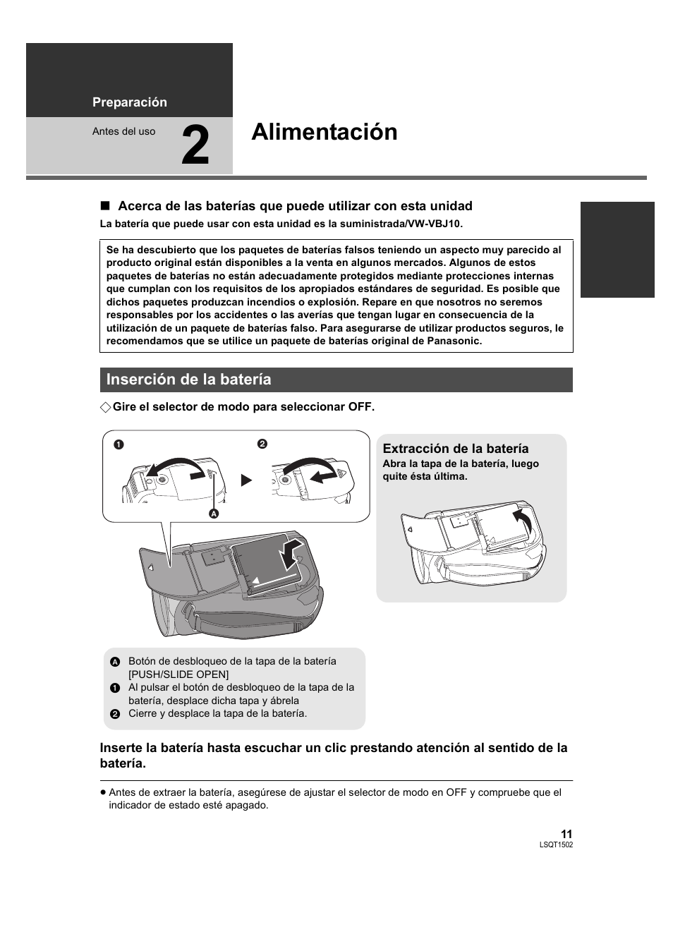 Alimentación, Inserción de la batería, 2] alimentación | L 11), N] ( l 11) | Panasonic SDRS26 User Manual | Page 11 / 102