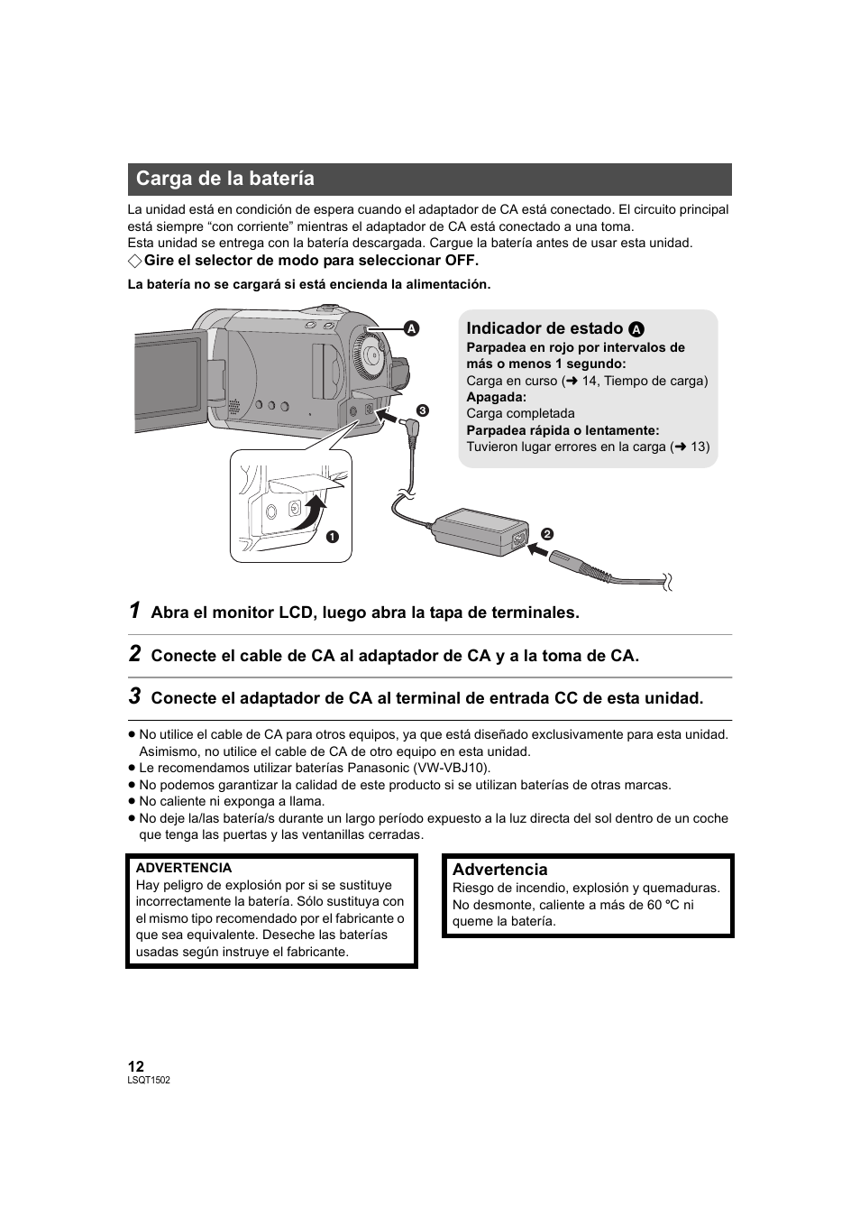 Carga de la batería, L 12, L 12) | Panasonic SDRS26 User Manual | Page 12 / 102
