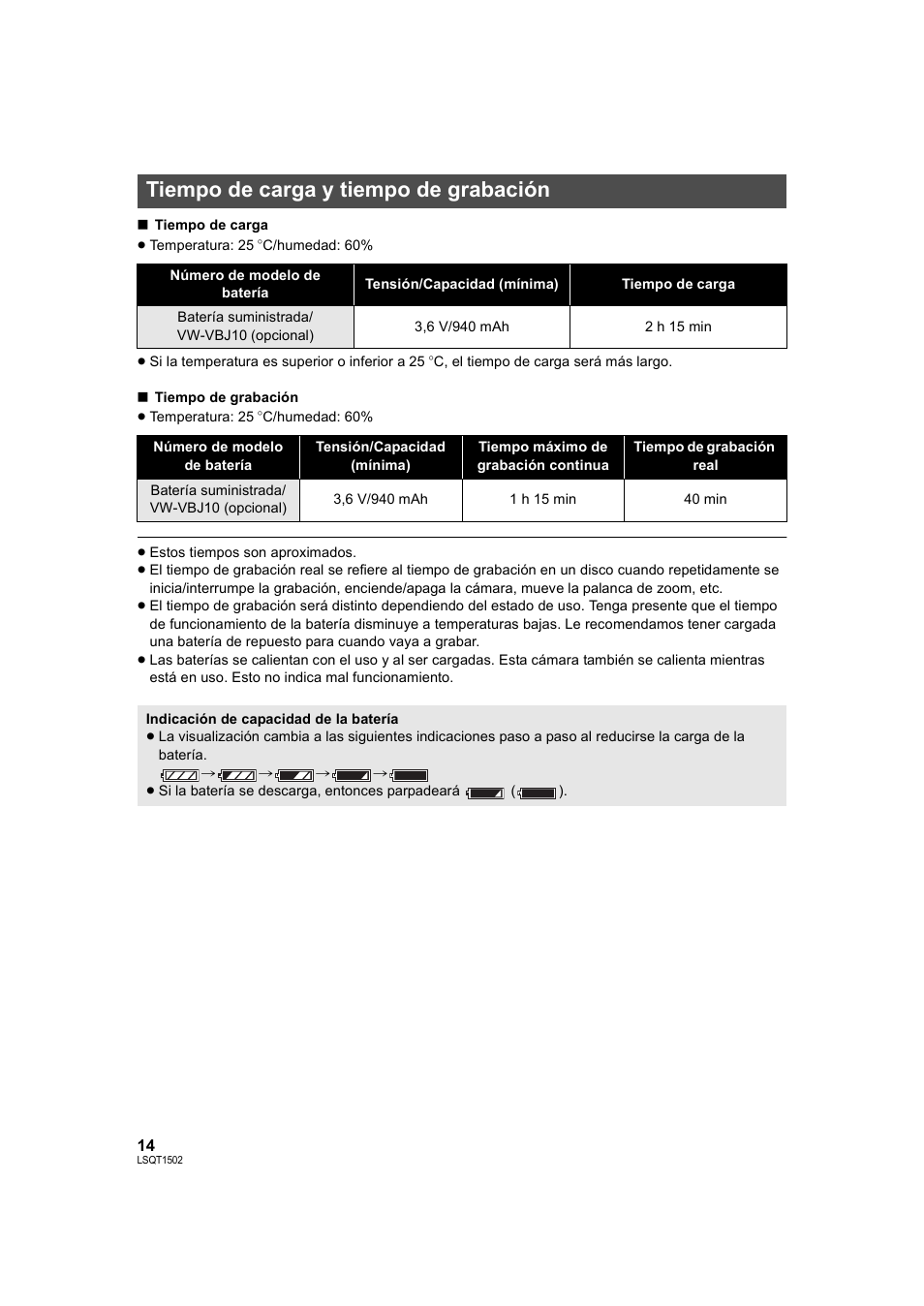 Tiempo de carga y tiempo de grabación | Panasonic SDRS26 User Manual | Page 14 / 102