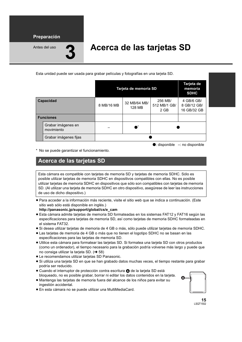 Acerca de las tarjetas sd, 3] acerca de las tarjetas sd | Panasonic SDRS26 User Manual | Page 15 / 102
