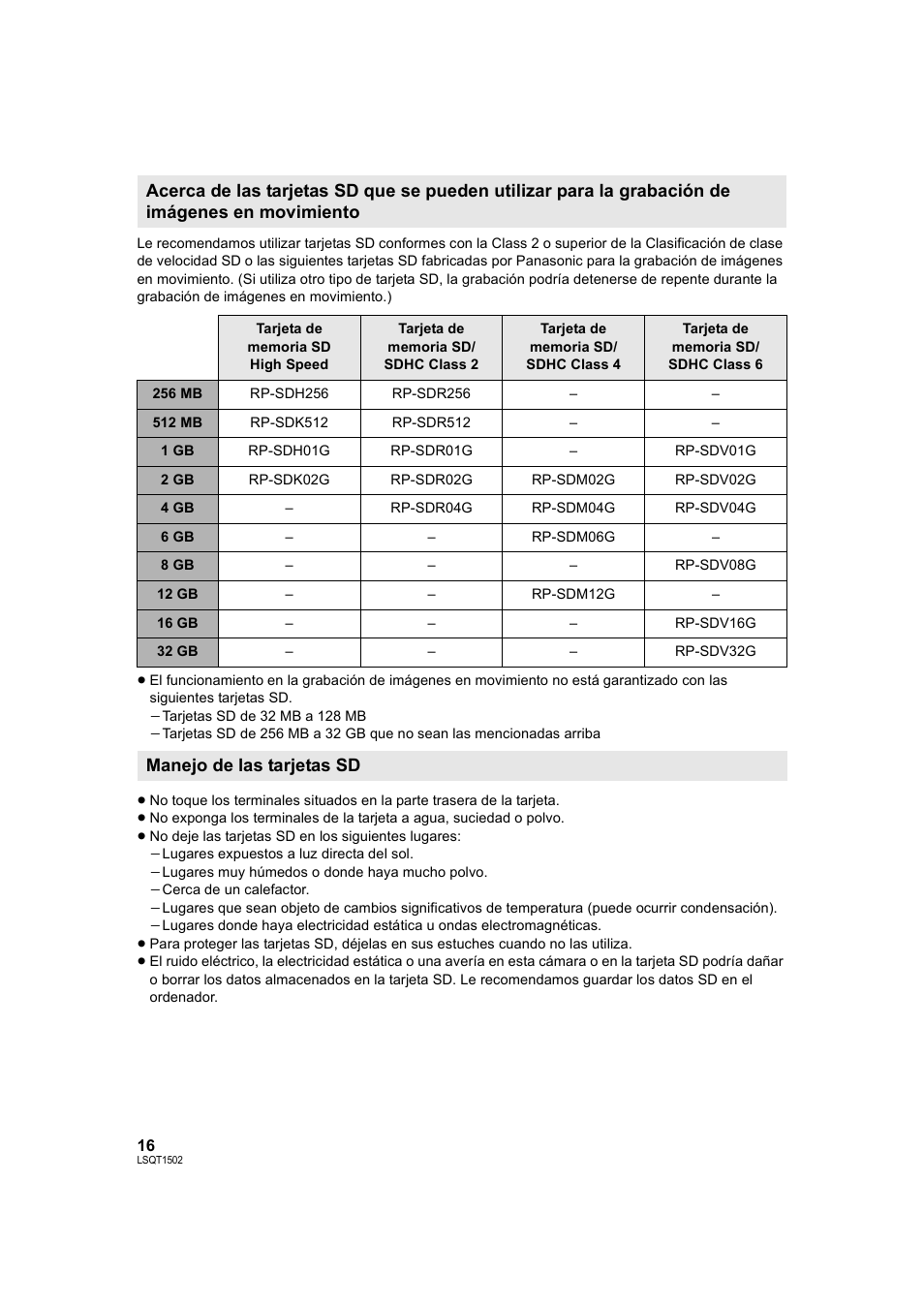 Manejo de las tarjetas sd | Panasonic SDRS26 User Manual | Page 16 / 102