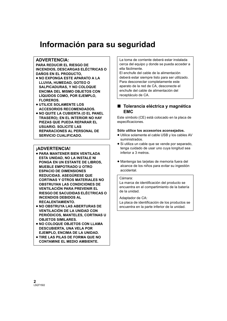 Información para su seguridad | Panasonic SDRS26 User Manual | Page 2 / 102