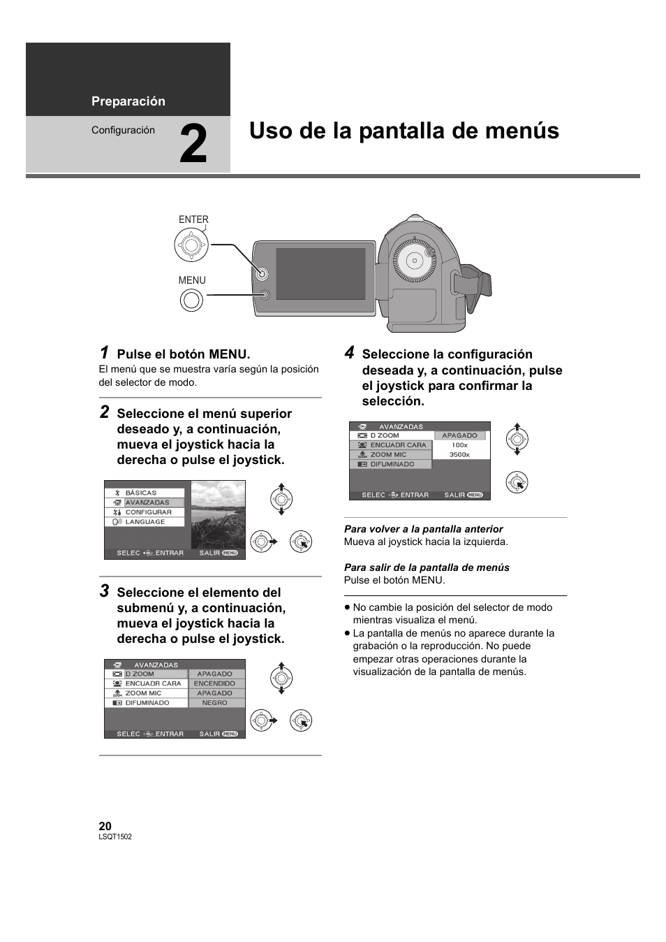 Uso de la pantalla de menús, 2] uso de la pantalla de menús, L 20) | L 20 | Panasonic SDRS26 User Manual | Page 20 / 102