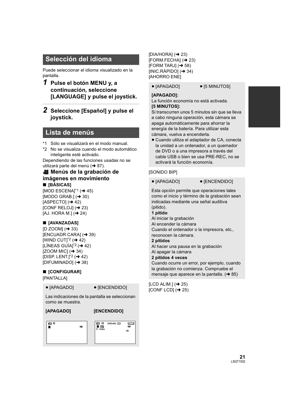 Selección del idioma, Lista de menús, Selección del idioma lista de menús | Menús de la grabación de imágenes en movimiento, Seleccione [español] y pulse el joystick | Panasonic SDRS26 User Manual | Page 21 / 102