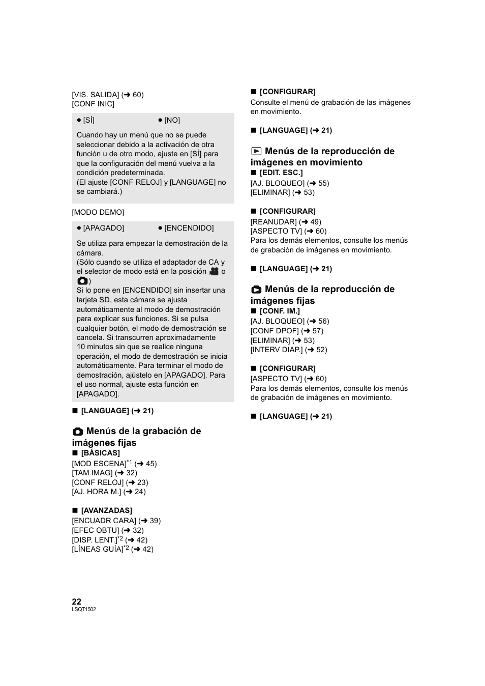 Menús de la grabación de imágenes fijas, Menús de la reproducción de imágenes en movimiento, Menús de la reproducción de imágenes fijas | Panasonic SDRS26 User Manual | Page 22 / 102