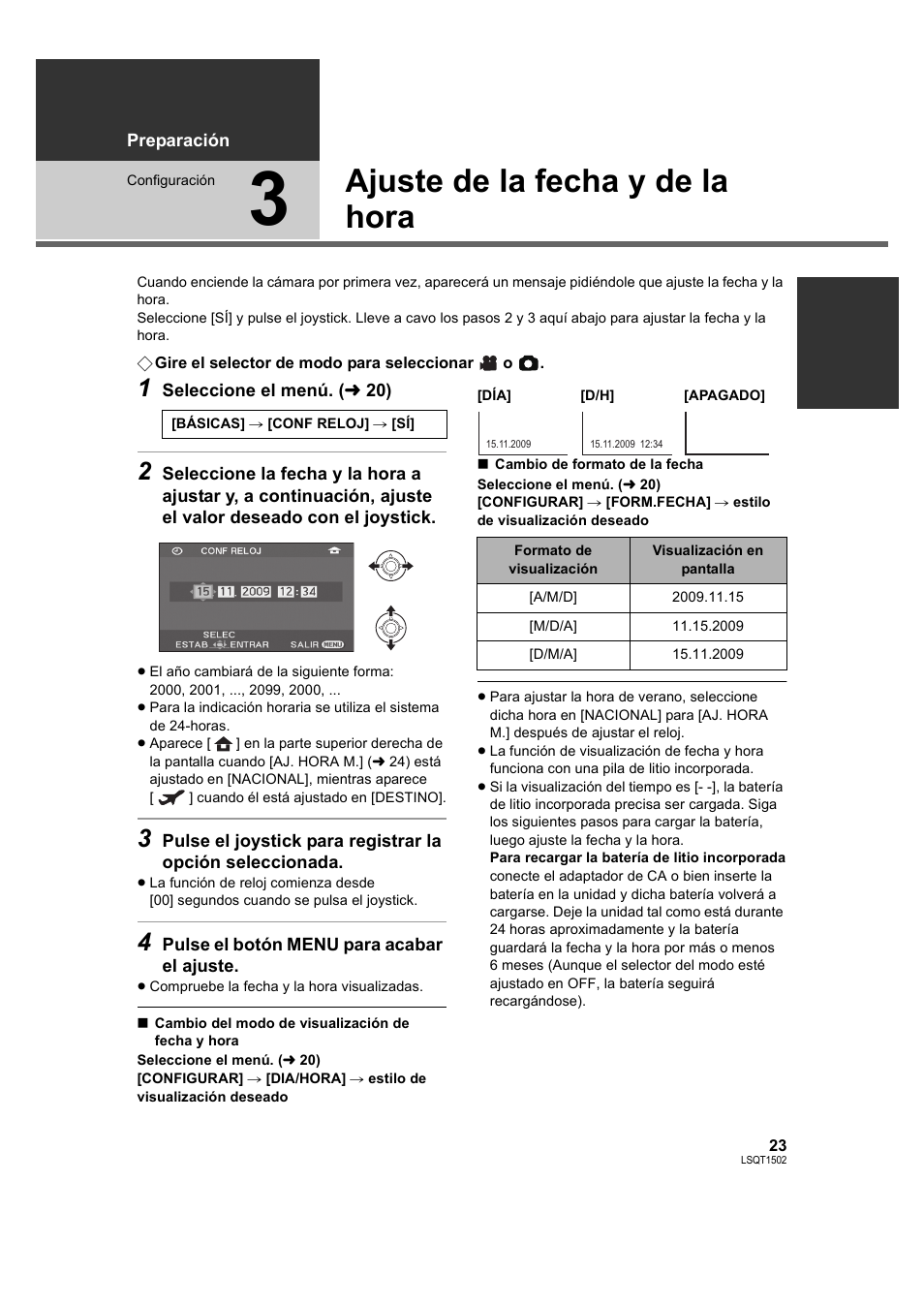 Ajuste de la fecha y de la hora, 3] ajuste de la fecha y de la hora, L 23 | L 23) | Panasonic SDRS26 User Manual | Page 23 / 102