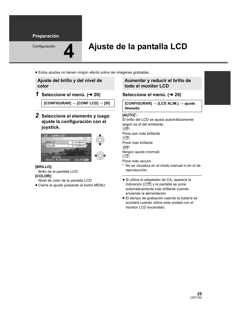 Ajuste de la pantalla lcd, 4] ajuste de la pantalla lcd, L 25) | Panasonic SDRS26 User Manual | Page 25 / 102