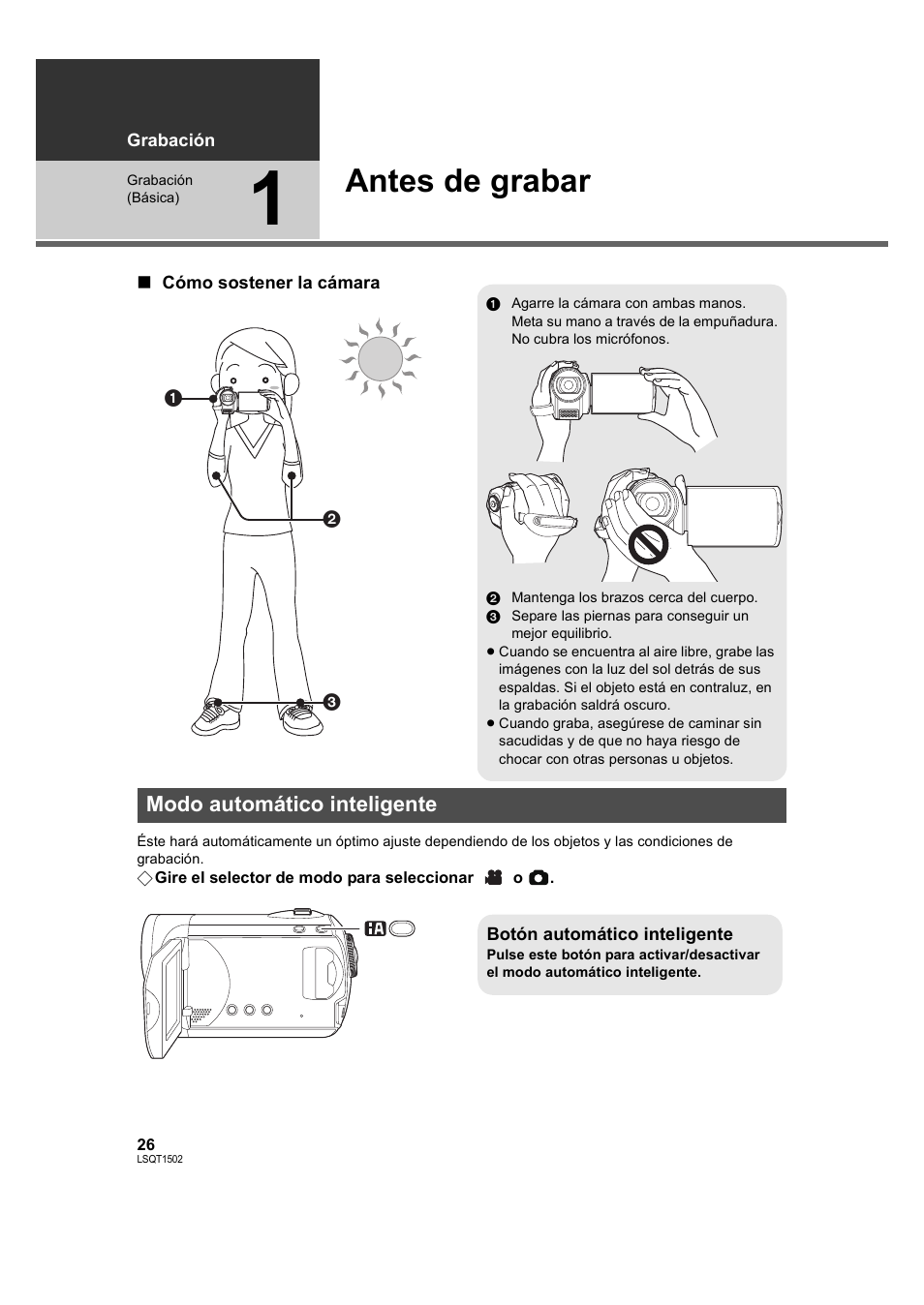 Grabación, Grabación (básica), Antes de grabar | Modo automático inteligente, Raba, Ción, 1] antes de grabar, L 26) | Panasonic SDRS26 User Manual | Page 26 / 102