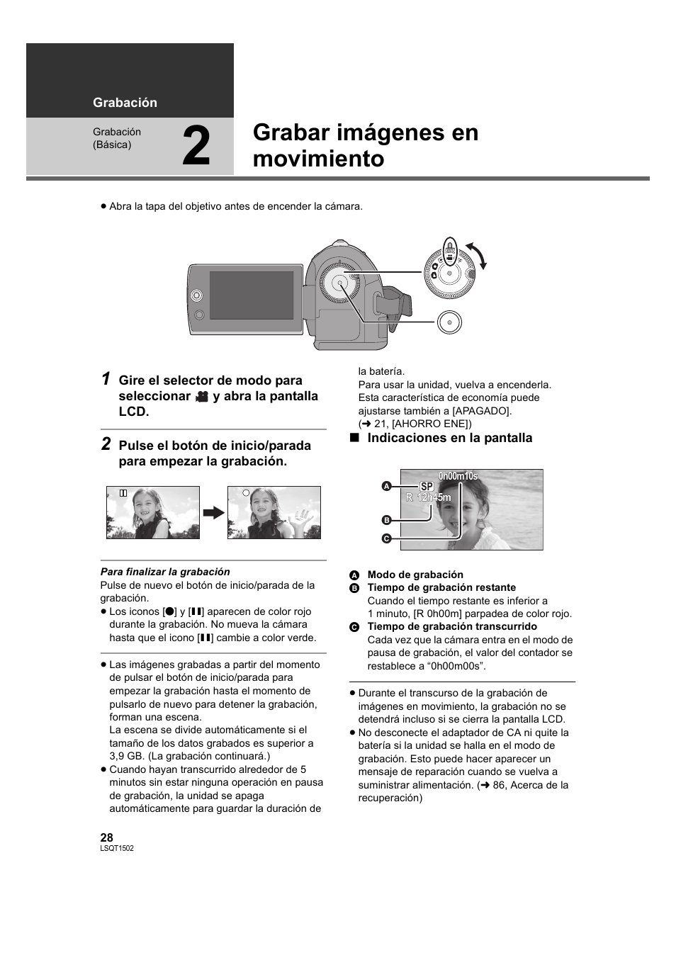 Grabar imágenes en movimiento, 2] grabar imágenes en movimiento, L 28 | Panasonic SDRS26 User Manual | Page 28 / 102