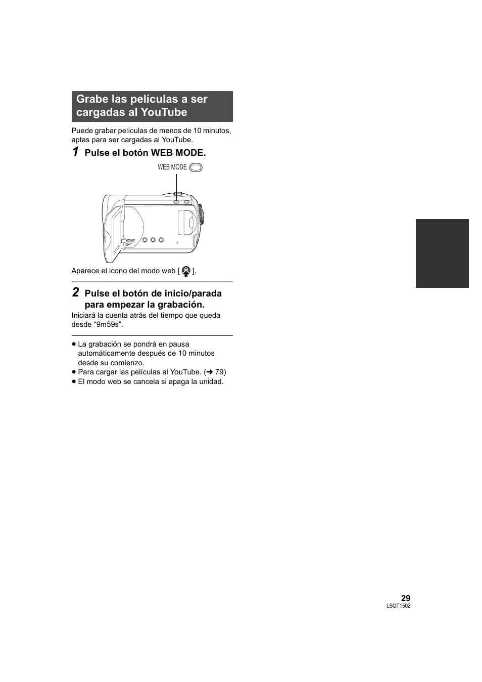 Grabe las películas a ser cargadas al youtube, L 29 | Panasonic SDRS26 User Manual | Page 29 / 102