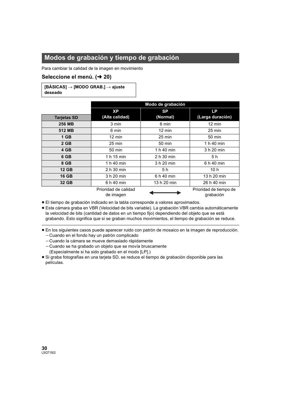 Modos de grabación y tiempo de grabación, L 30, Seleccione el me nú. ( l 20) | Panasonic SDRS26 User Manual | Page 30 / 102