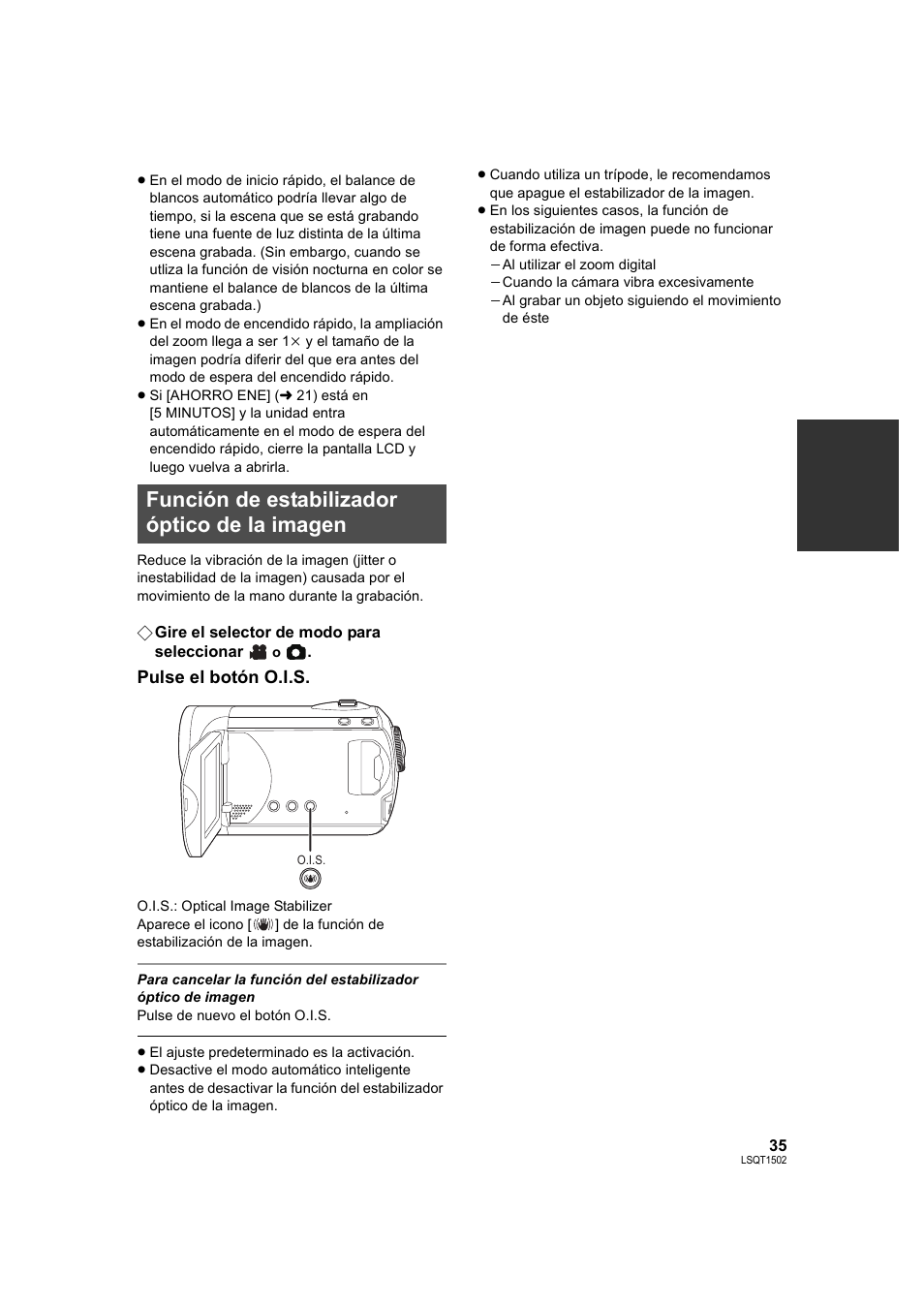 Función de estabilizador óptico de la imagen, L 35), Imagen (l 35) s | Pulse el botón o.i.s | Panasonic SDRS26 User Manual | Page 35 / 102