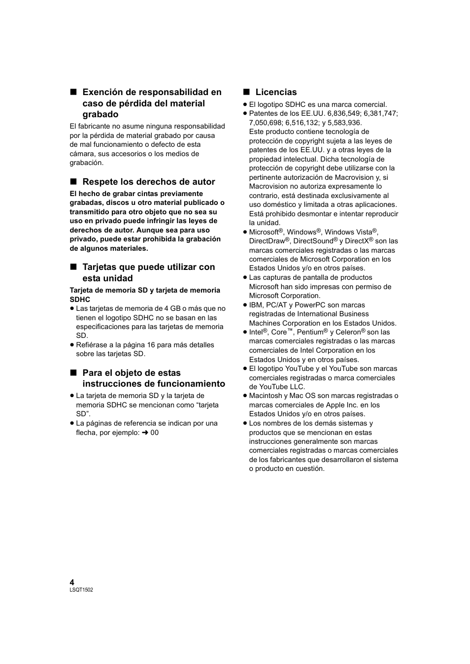 Respete los derechos de autor, Tarjetas que puede utilizar con esta unidad, Licencias | Panasonic SDRS26 User Manual | Page 4 / 102