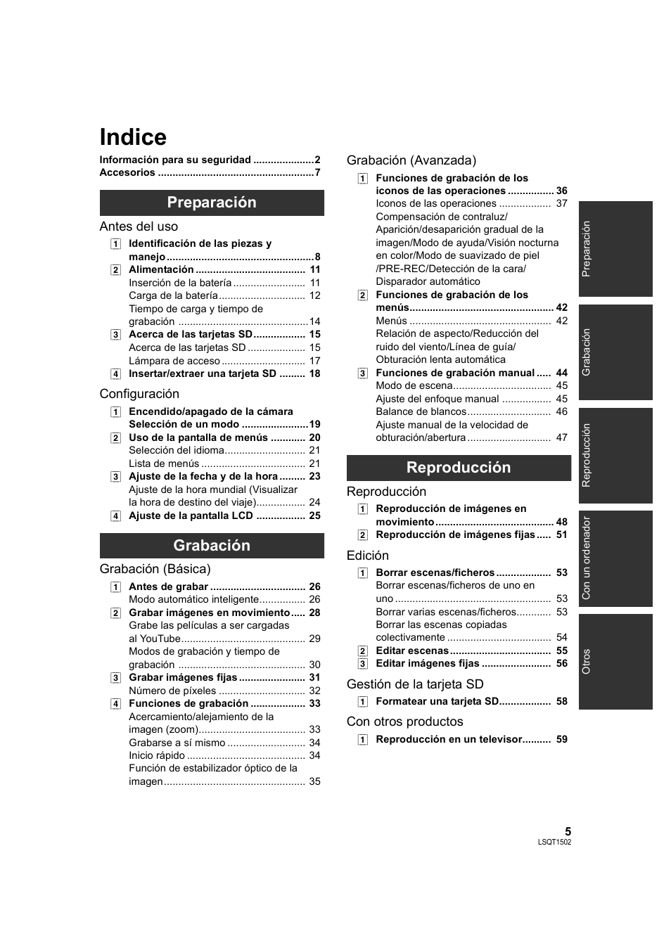 Indice, Preparación, Grabación | Reproducción | Panasonic SDRS26 User Manual | Page 5 / 102