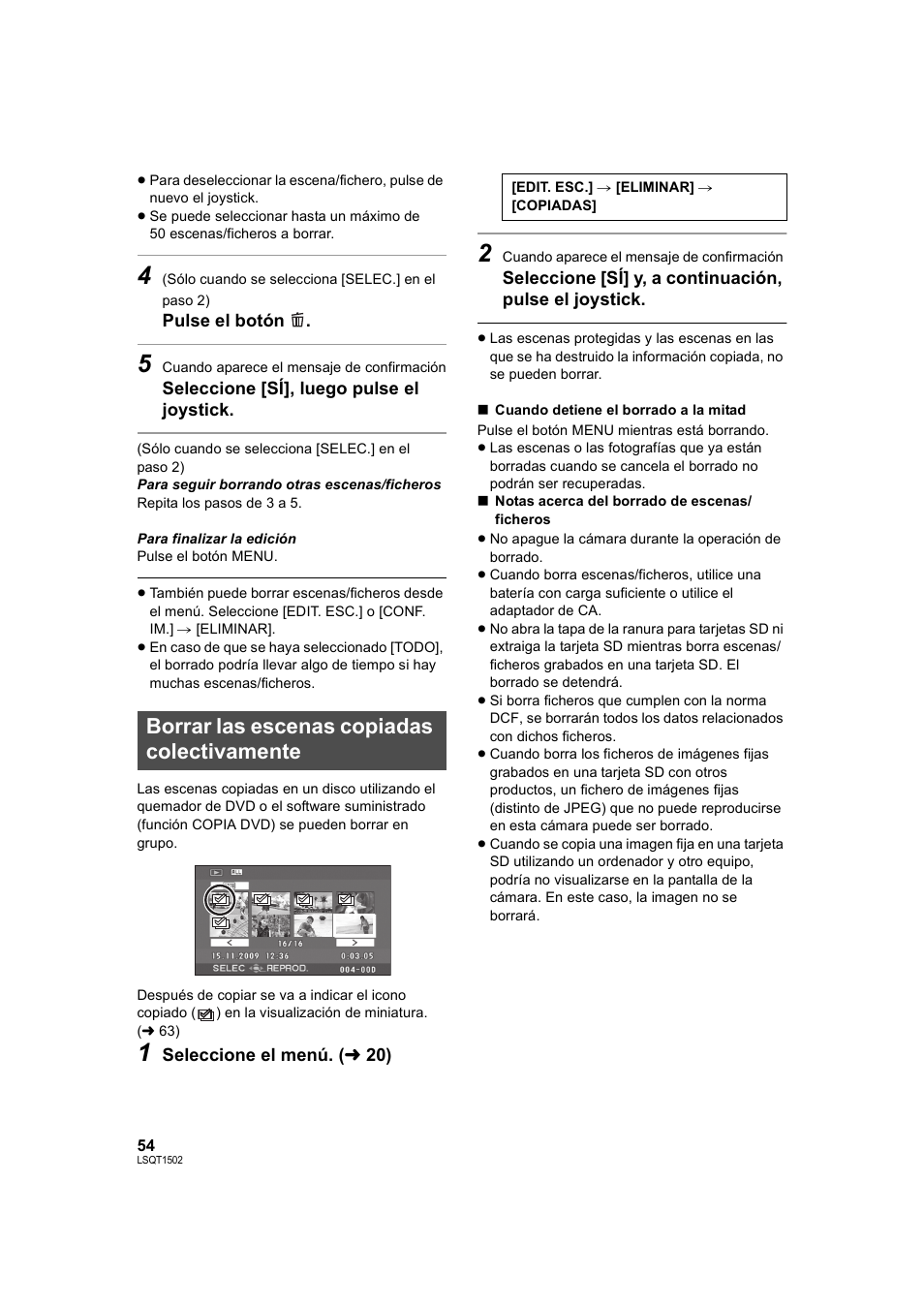 Borrar las escenas copiadas colectivamente | Panasonic SDRS26 User Manual | Page 54 / 102
