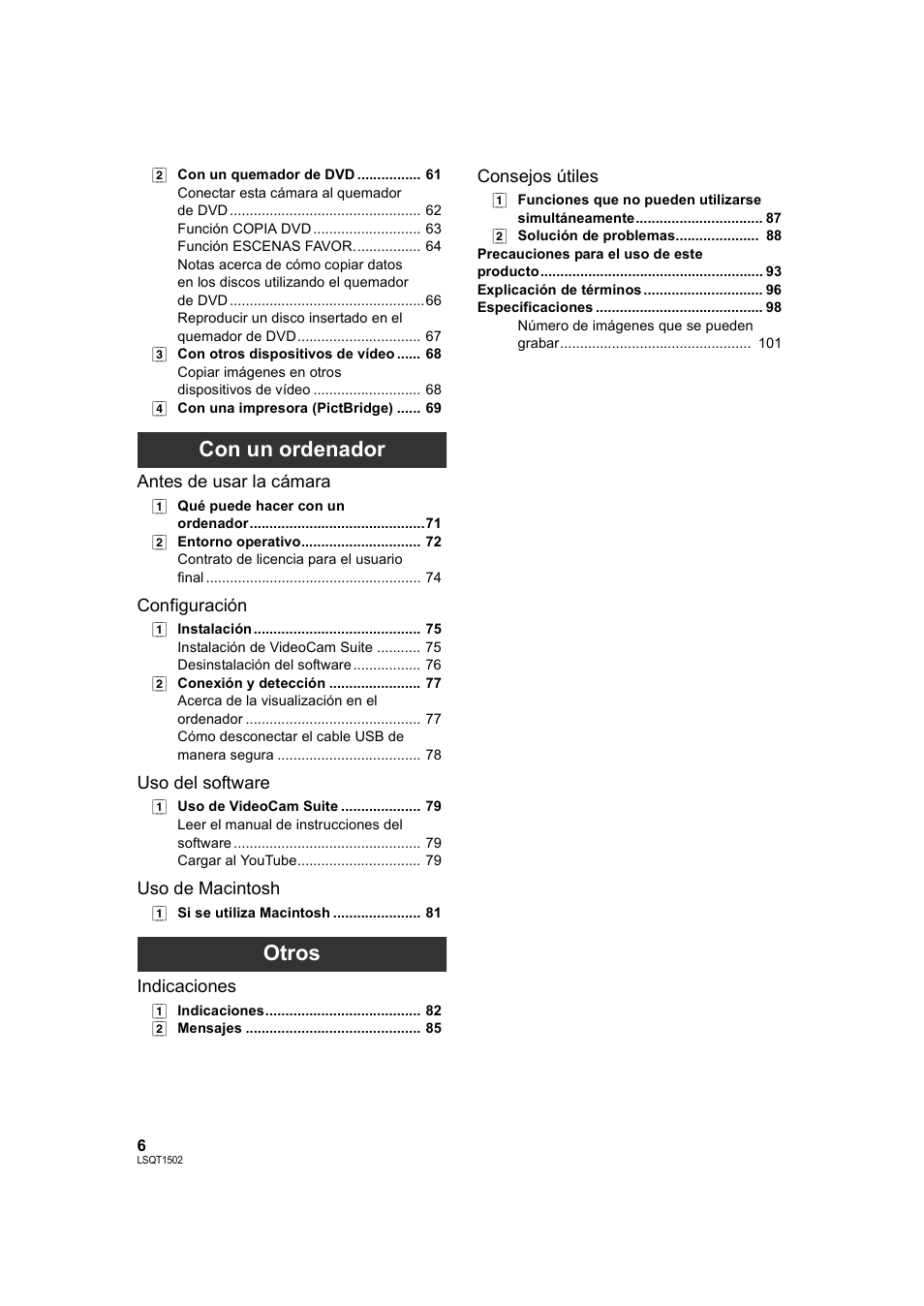 Con un ordenador, Otros | Panasonic SDRS26 User Manual | Page 6 / 102