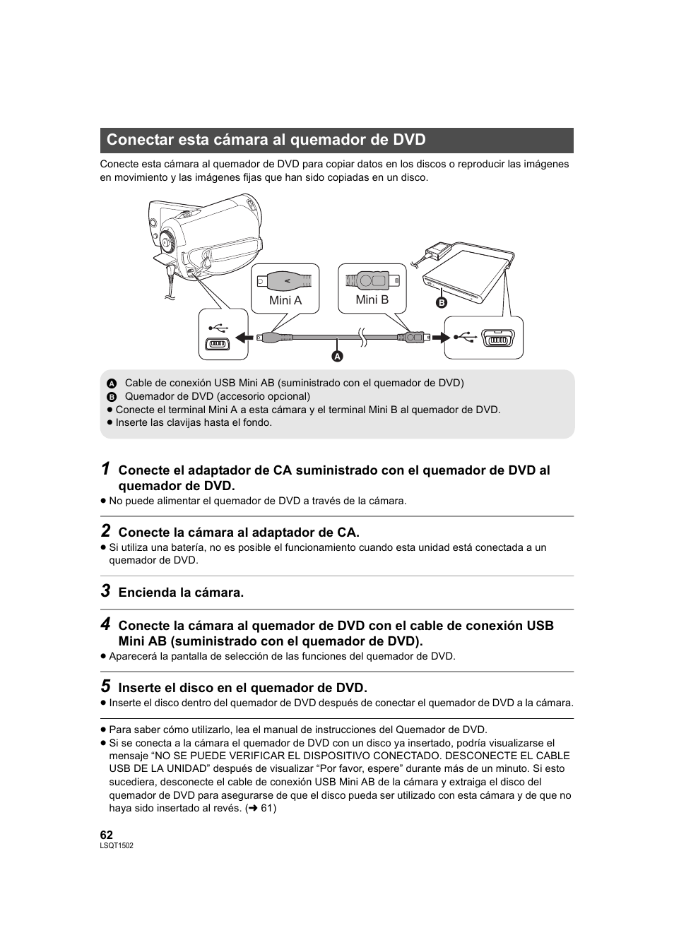 Conectar esta cámara al quemador de dvd, L 62 | Panasonic SDRS26 User Manual | Page 62 / 102