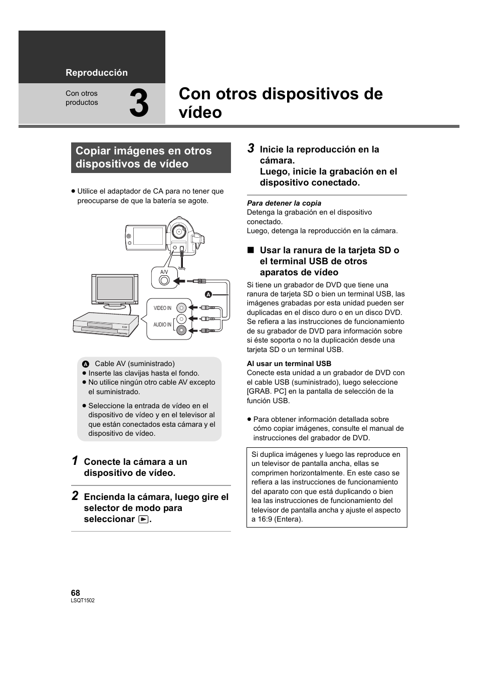Con otros dispositivos de vídeo, Copiar imágenes en otros dispositivos de vídeo, 3] con otros dispositivos de vídeo | Panasonic SDRS26 User Manual | Page 68 / 102