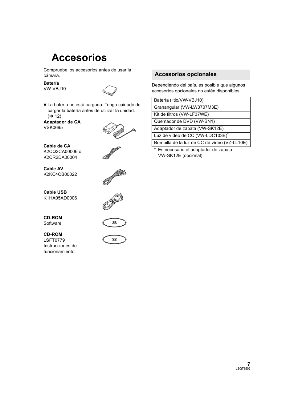 Accesorios | Panasonic SDRS26 User Manual | Page 7 / 102