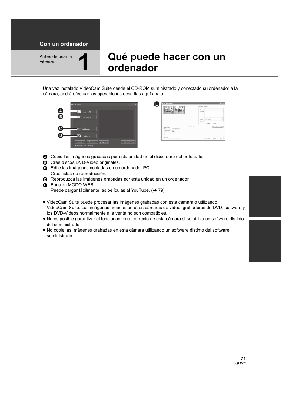 Con un ordenador, Antes de usar la cámara, Qué puede hacer con un ordenador | Con un, Ordenado, 1] qué puede hacer con un, Ordenador | Panasonic SDRS26 User Manual | Page 71 / 102