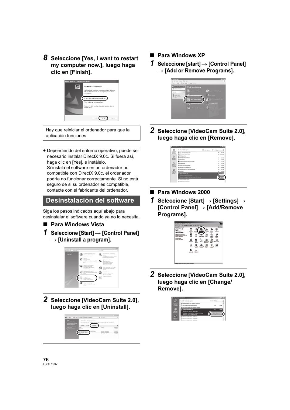 Desinstalación del software | Panasonic SDRS26 User Manual | Page 76 / 102