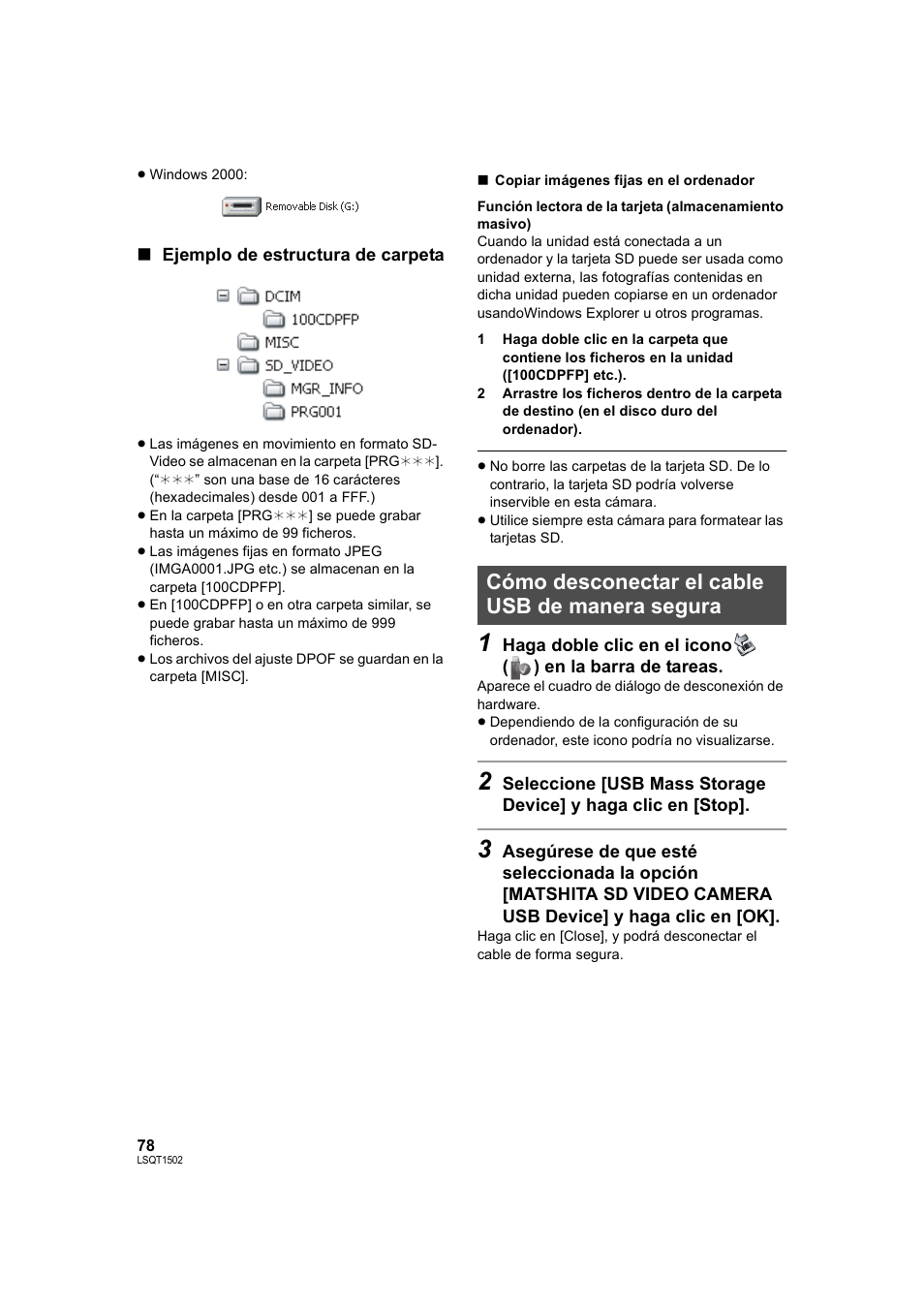 Cómo desconectar el cable usb de manera segura | Panasonic SDRS26 User Manual | Page 78 / 102