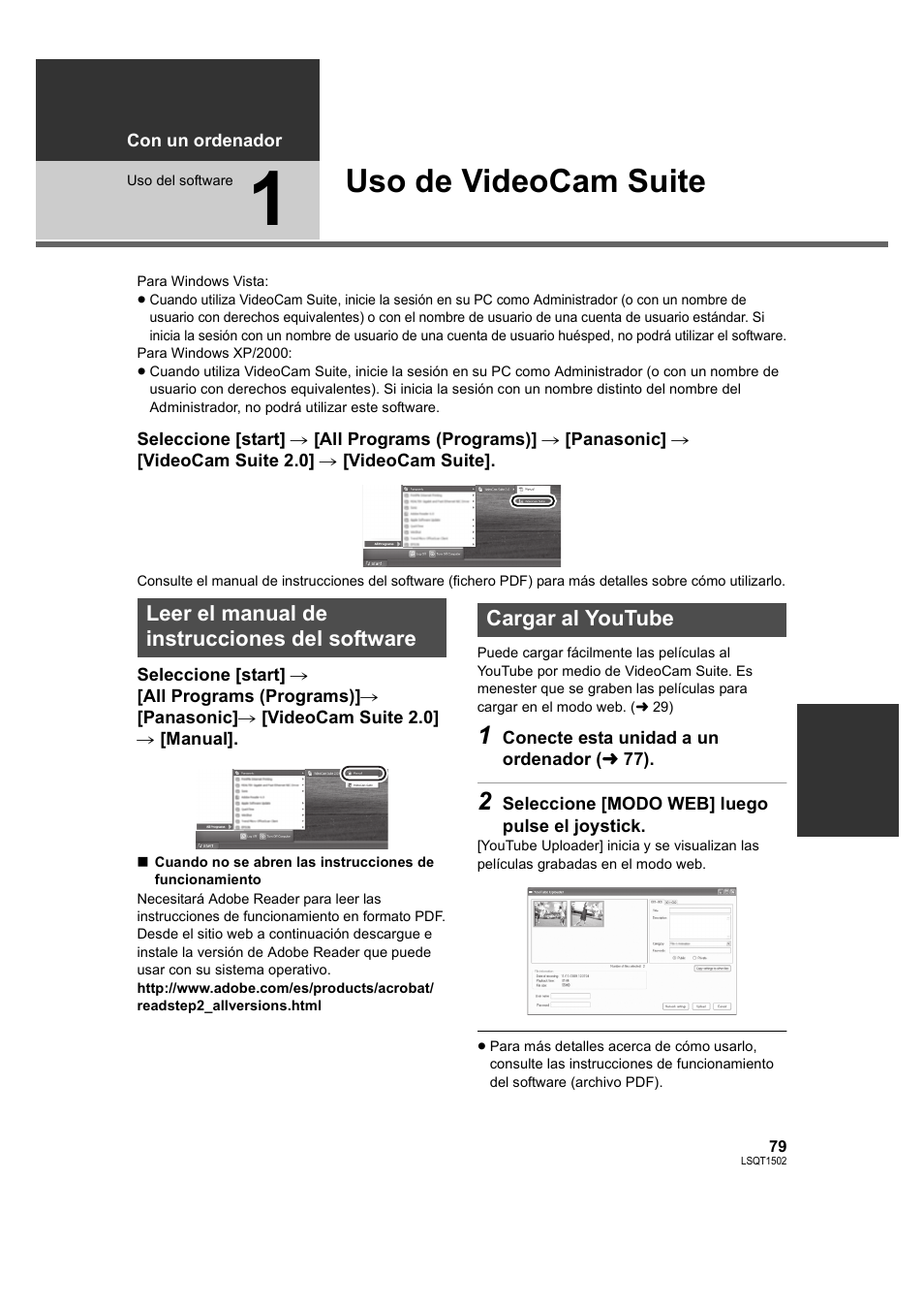 Uso del software, Uso de videocam suite, Leer el manual de instrucciones del software | Cargar al youtube, 1] uso de videocam suite | Panasonic SDRS26 User Manual | Page 79 / 102