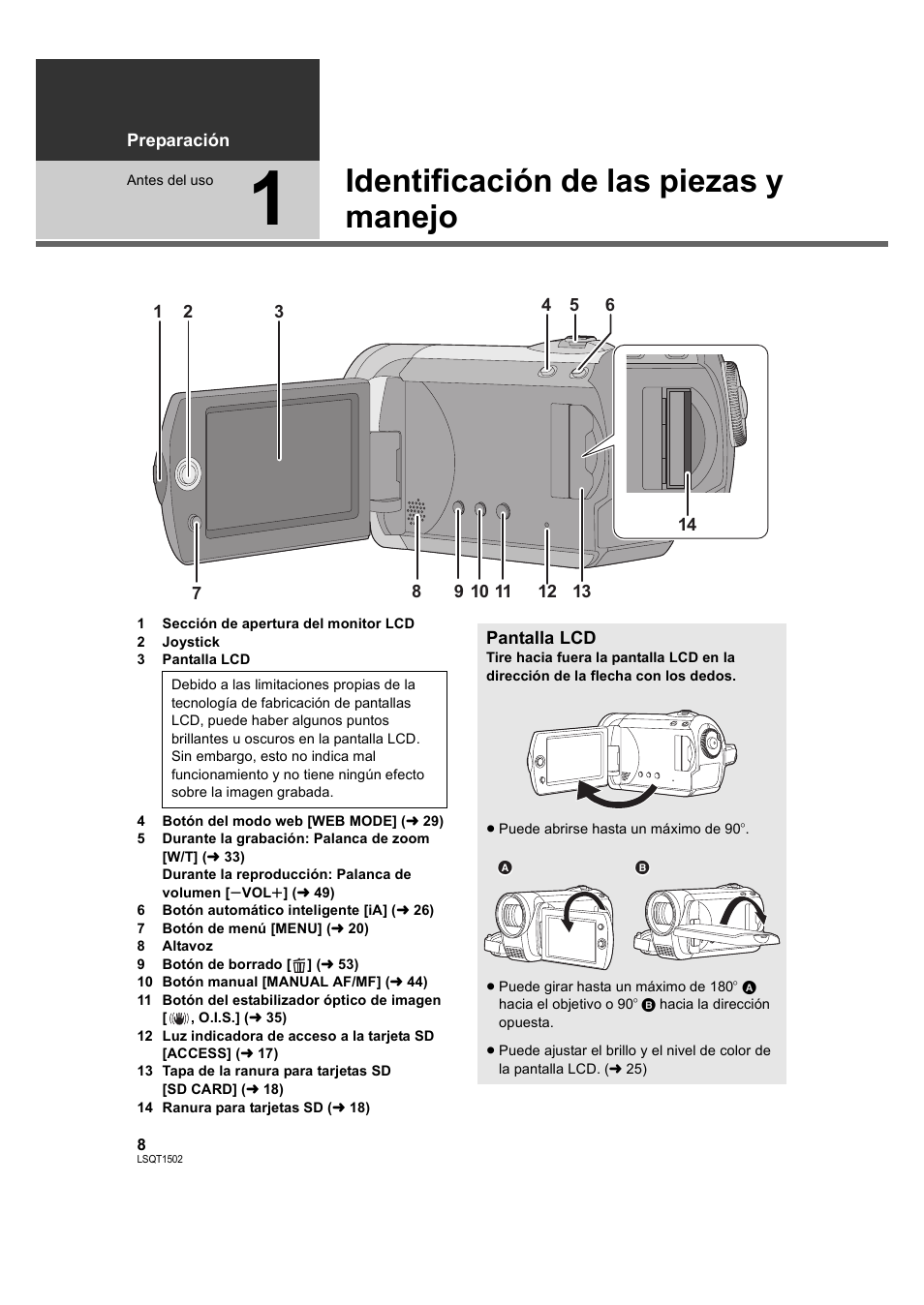 Preparación, Antes del uso, Identificación de las piezas y manejo | Eparación, 1] identificación de las piezas y, Manejo | Panasonic SDRS26 User Manual | Page 8 / 102
