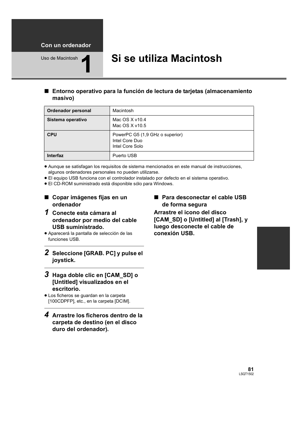 Uso de macintosh, Si se utiliza macintosh | Panasonic SDRS26 User Manual | Page 81 / 102