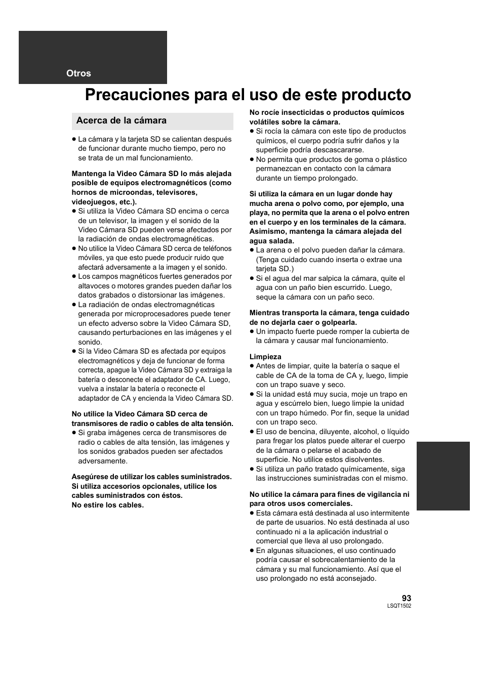 Precauciones para el uso de este producto | Panasonic SDRS26 User Manual | Page 93 / 102