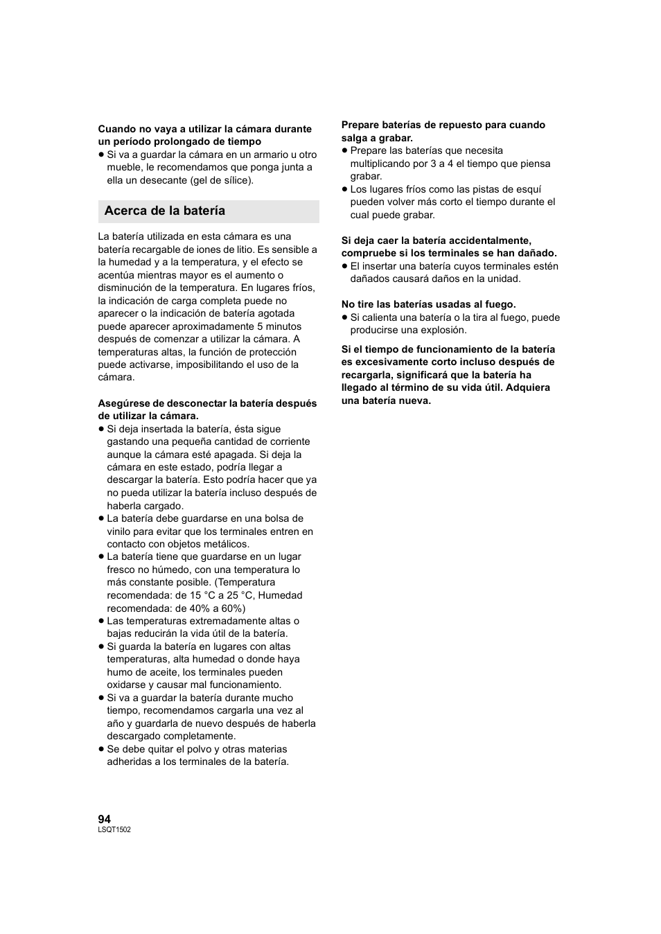 Acerca de la batería | Panasonic SDRS26 User Manual | Page 94 / 102