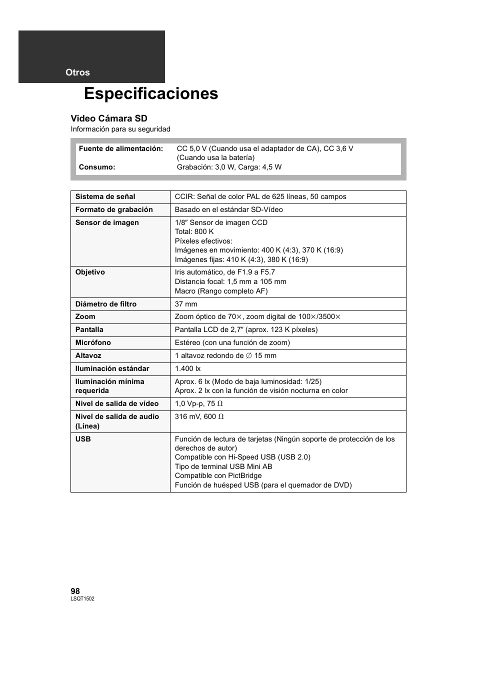 Especificaciones | Panasonic SDRS26 User Manual | Page 98 / 102
