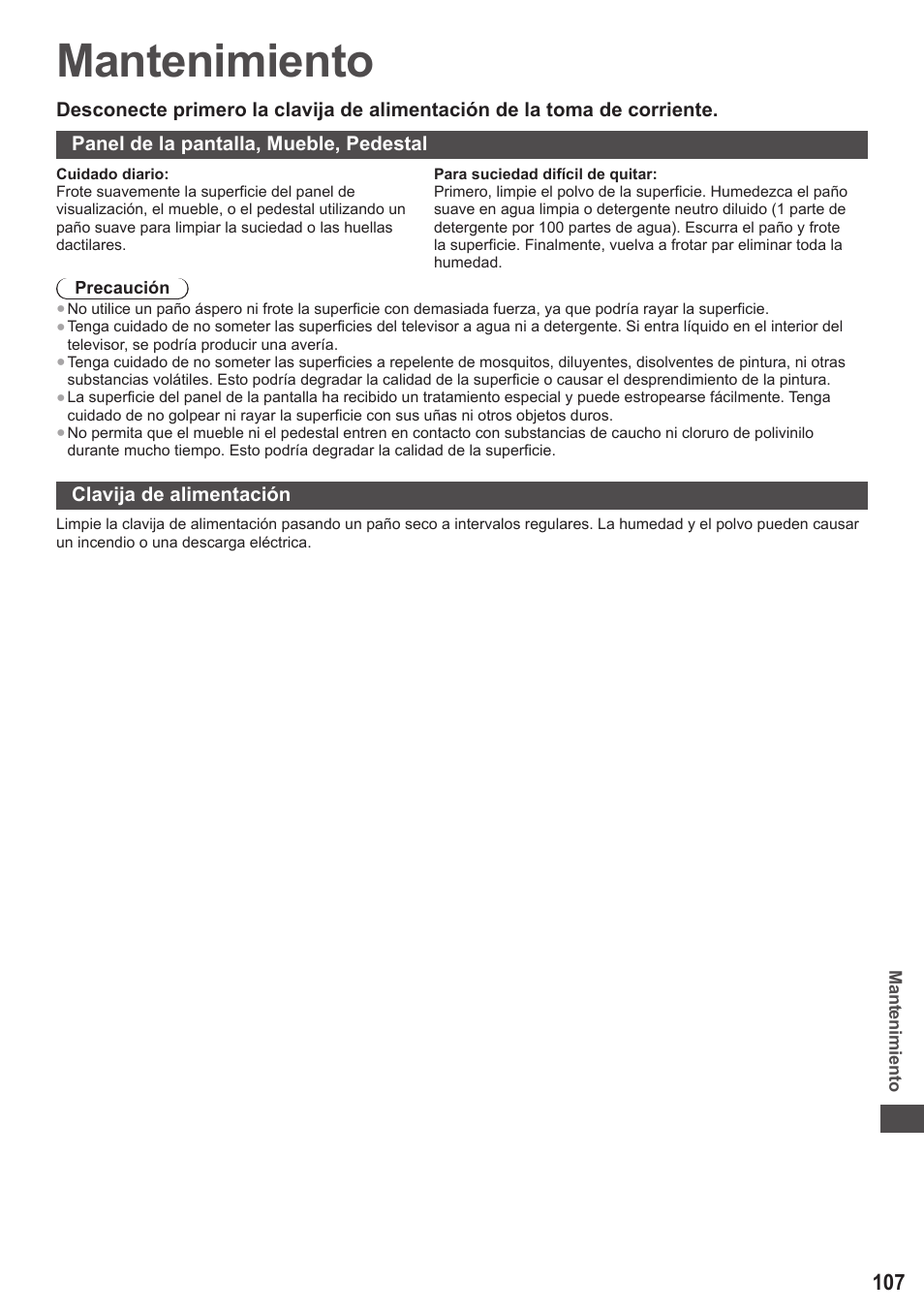 Mantenimiento | Panasonic TXP42ST50E User Manual | Page 107 / 112