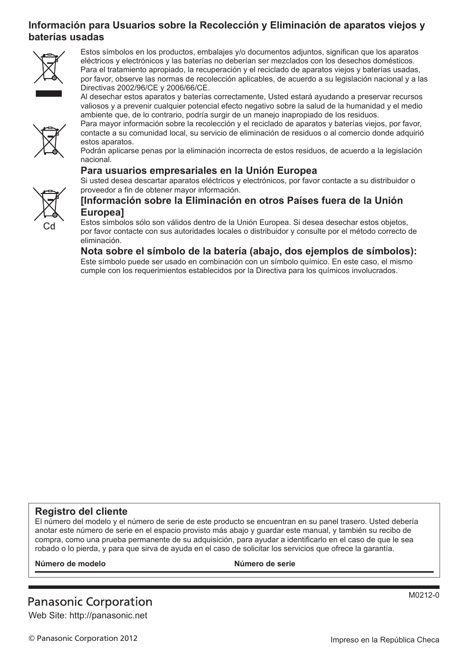 Para usuarios empresariales en la unión europea, Registro del cliente | Panasonic TXP42ST50E User Manual | Page 112 / 112