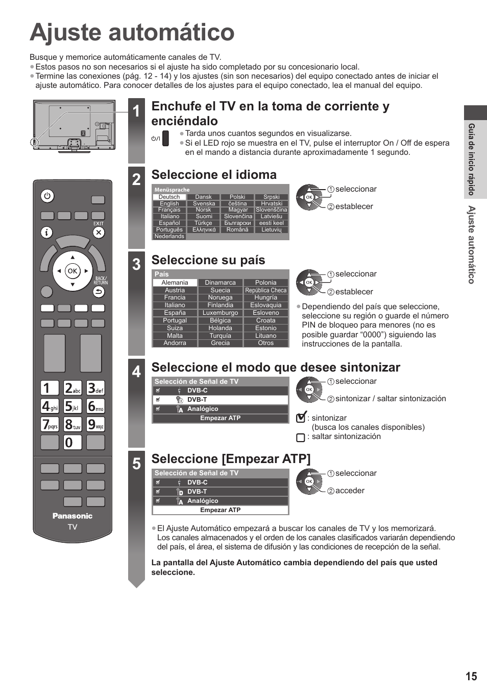 Ajuste automático, Enchufe el tv en la toma de corriente y enciéndalo, Seleccione el idioma | Seleccione su país, Seleccione el modo que desee sintonizar, Seleccione [empezar atp | Panasonic TXP42ST50E User Manual | Page 15 / 112
