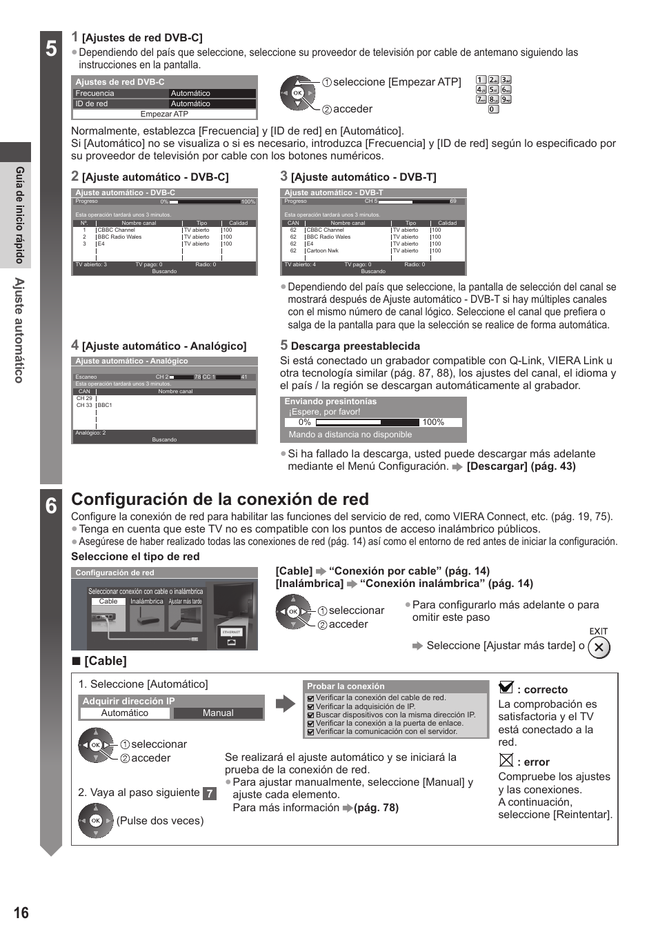 Configuración de la conexión de red, Ajuste automático, Cable | Panasonic TXP42ST50E User Manual | Page 16 / 112