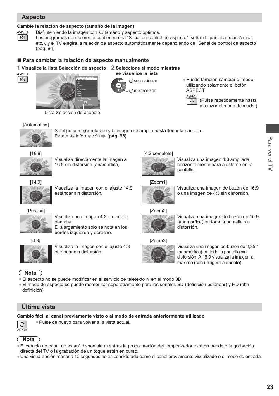 Aspecto, Última vista | Panasonic TXP42ST50E User Manual | Page 23 / 112