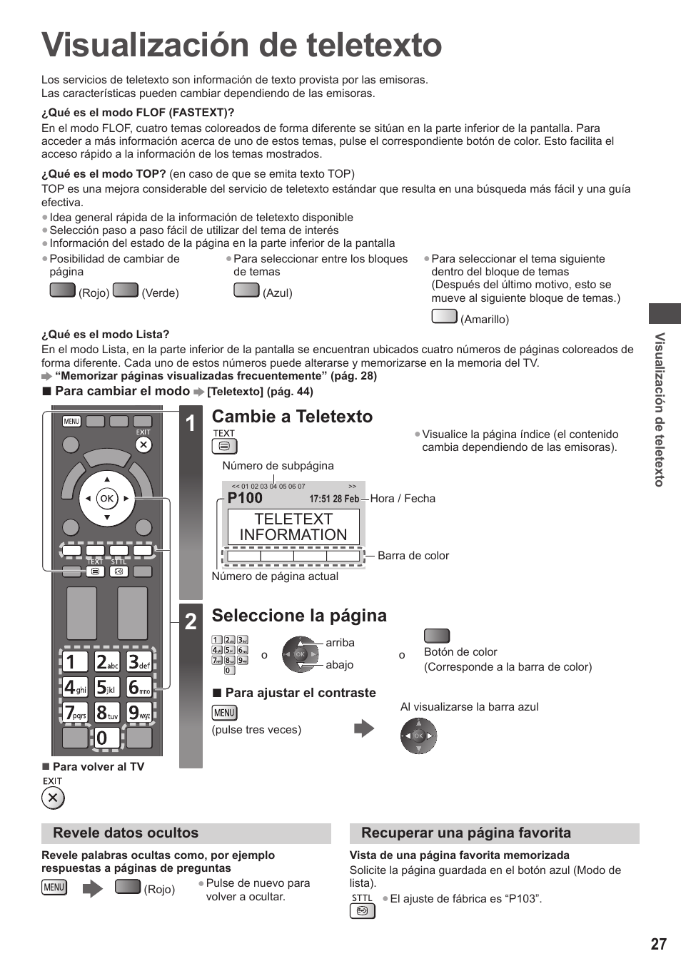 Visualización de teletexto, Cambie a teletexto, Seleccione la página | Teletext information | Panasonic TXP42ST50E User Manual | Page 27 / 112