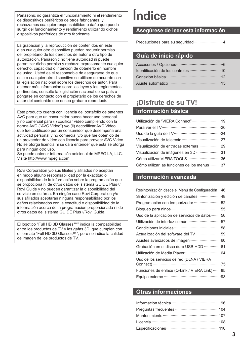 Índice, Disfrute de su tv | Panasonic TXP42ST50E User Manual | Page 3 / 112