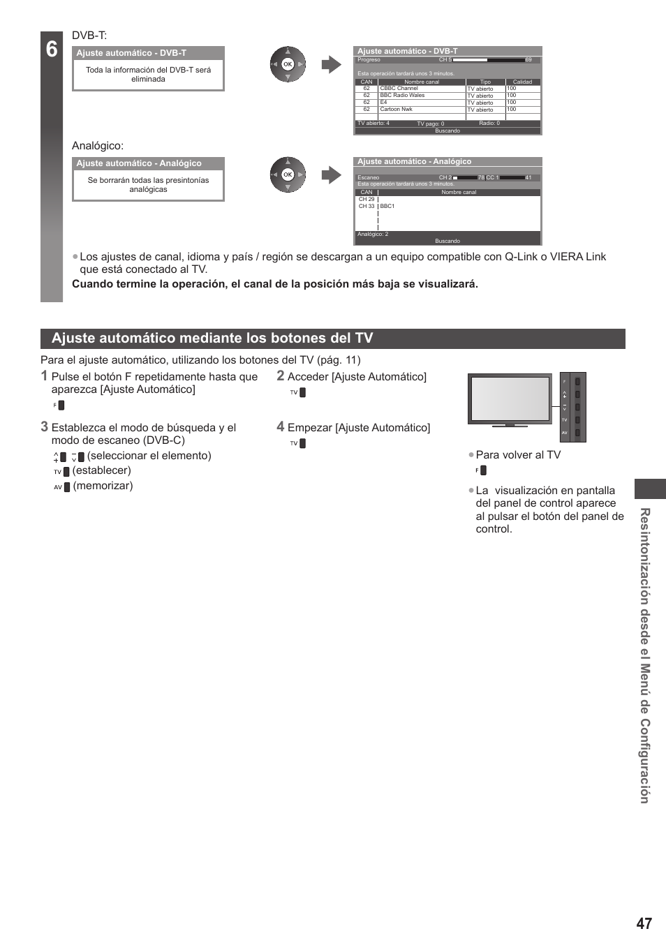Ajuste automático mediante los botones del tv, Resintonización desde el menú de configuración | Panasonic TXP42ST50E User Manual | Page 47 / 112