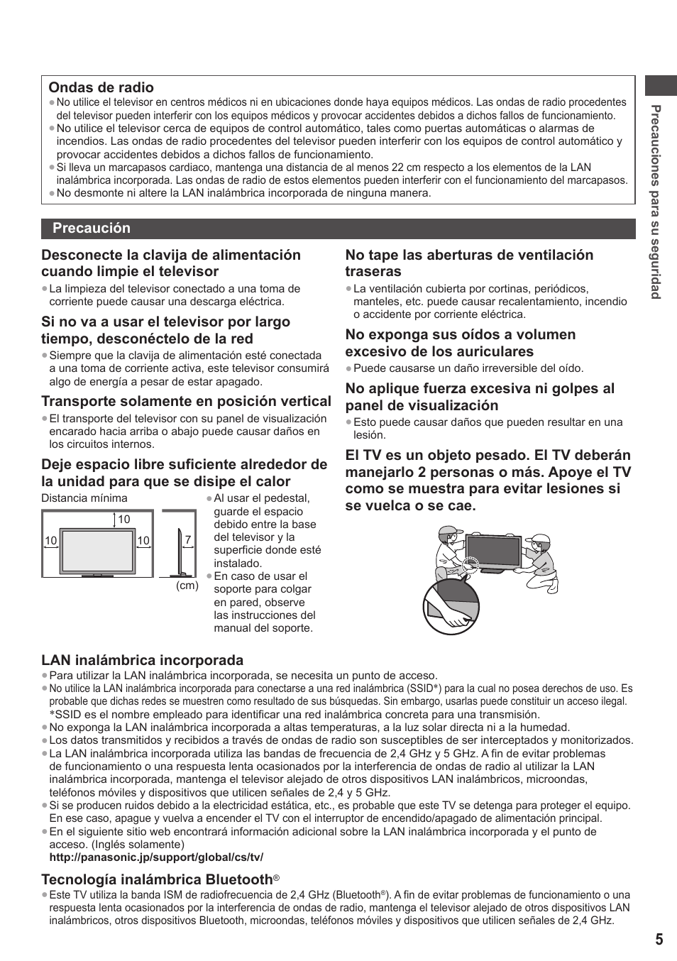 Ondas de radio, Transporte solamente en posición vertical, No tape las aberturas de ventilación traseras | Lan inalámbrica incorporada, Tecnología inalámbrica bluetooth | Panasonic TXP42ST50E User Manual | Page 5 / 112