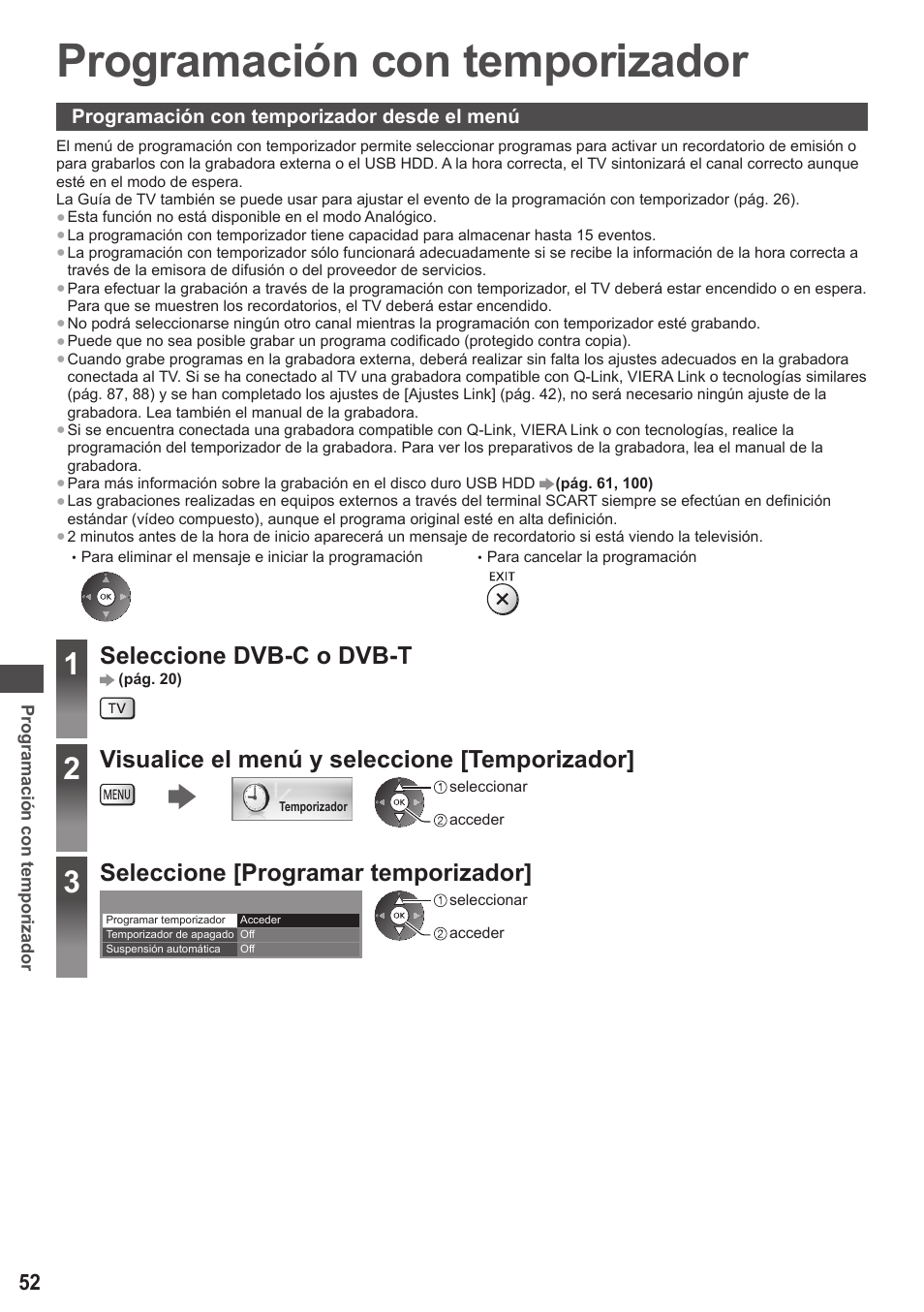 Programación con temporizador, Seleccione dvb-c o dvb-t, Visualice el menú y seleccione [temporizador | Seleccione [programar temporizador | Panasonic TXP42ST50E User Manual | Page 52 / 112